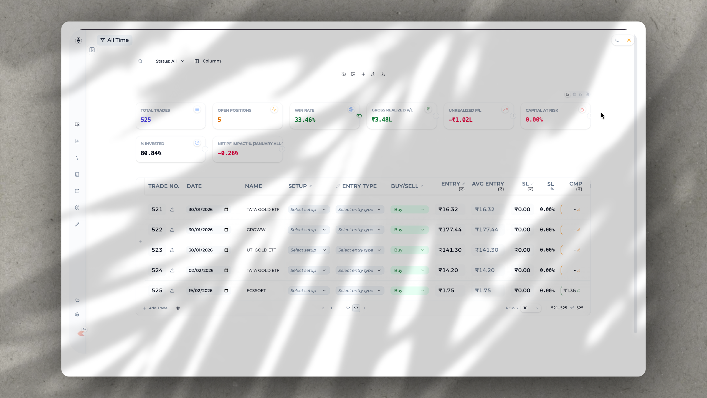 Nexus Journal workspace showing trade records, portfolio analytics, and chart review
